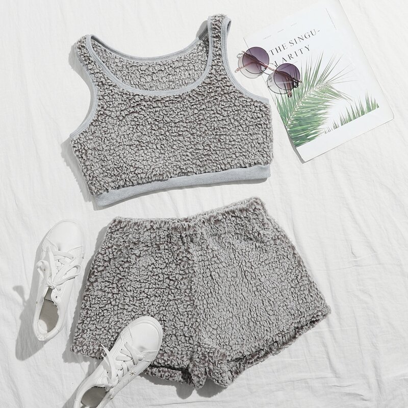 

Teddy Crop Tank Top & Shorts Lounge Set, Grey