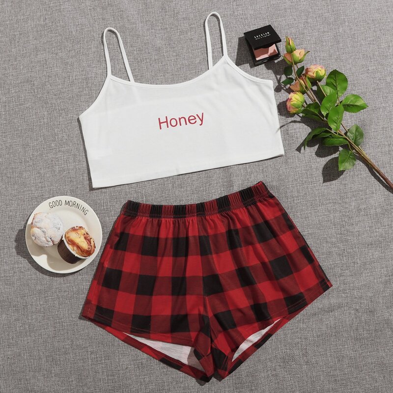 

Letter And Gingham Print Cami PJ Set, Multicolor