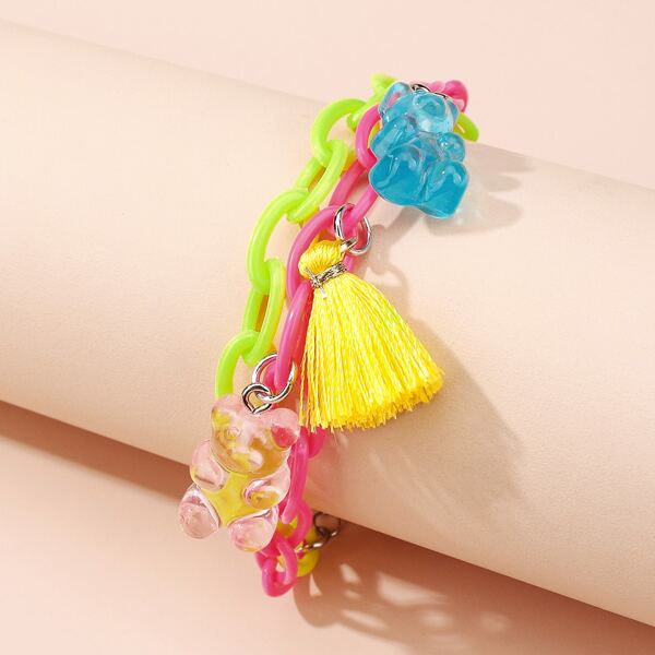 

Girls Cartoon Bear & Tassel Charm Chain Bracelet, Multicolor