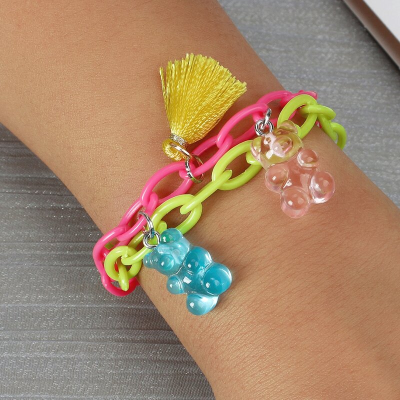 

Tassel & Bear Charm Chain Bracelet, Multicolor