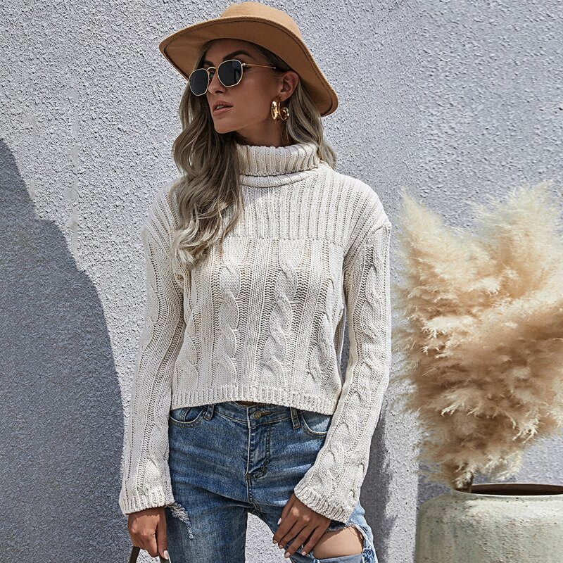 

Turtleneck Cable Knit Sweater, Beige