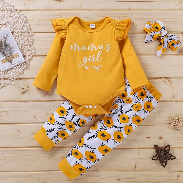 

Baby Girl Letter Graphic Bodysuit & Floral Pants & Headband, Multicolor