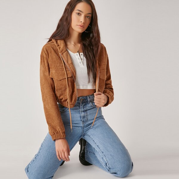 

Flap Pocket Drop Shoulder Cord Jacket, Brown