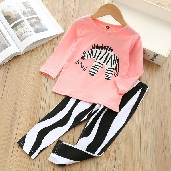 

Toddler Girls Cartoon And Zebra Stripe PJ Set, Multicolor