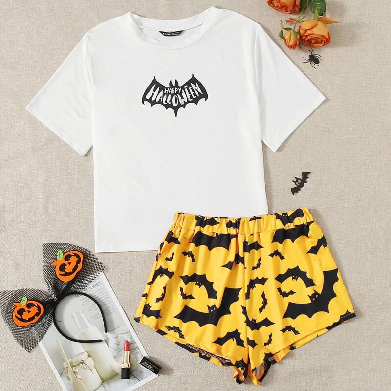 

Halloween Print Tee & Shorts Pajama Set, Multicolor