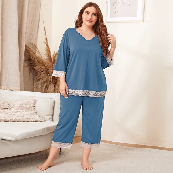 

Plus Lace Trim Top & Wide Leg Pants PJ Set, Dusty blue