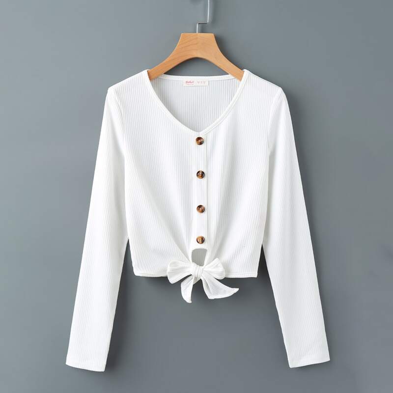 

Knot Hem Button Rib Tee, White