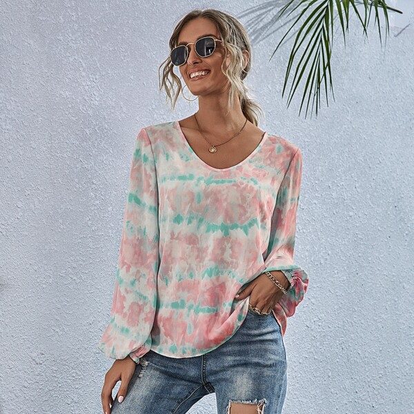 

Chiffon Tie Dye Bishop Sleeve Blouse, Multicolor