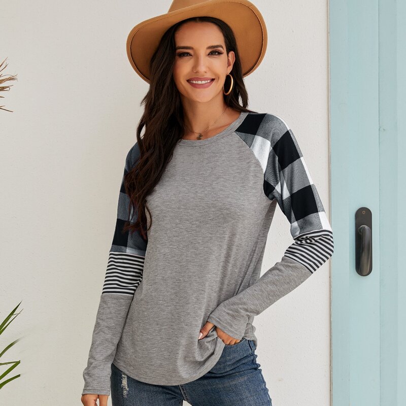 

Contrast Buffalo Plaid & Striped Print Tee, Grey