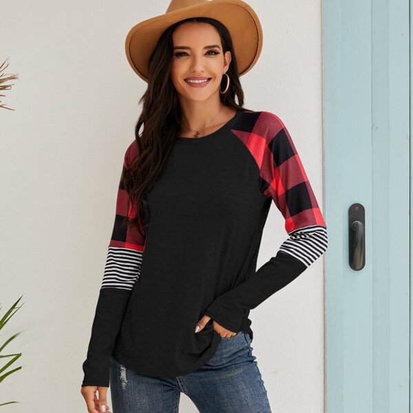 

Contrast Buffalo Plaid & Striped Print Tee, Black