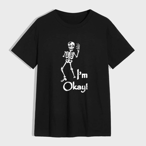 

Men Skeleton & Slogan Graphic Tee, Black