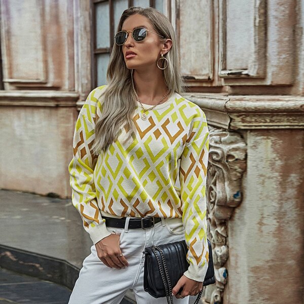 

Argyle Pattern Drop Shoulder Sweater, Multicolor