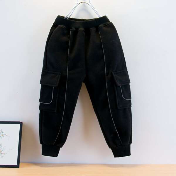 

Toddler Boys Contrast Piping Flap Pocket Sweatpants, Black