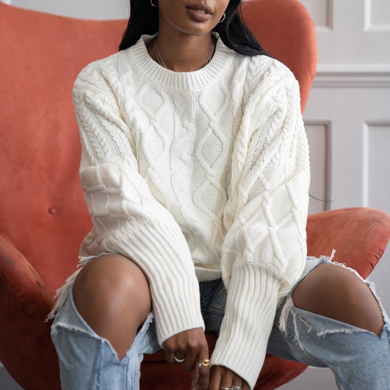 

Lantern Sleeve Solid Cable Knit Sweater, White