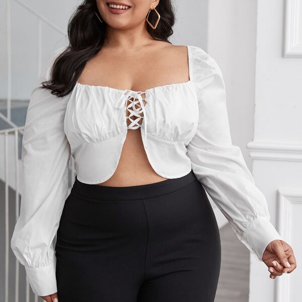 

Plus Lace Up Front Bishop Sleeve Top, White