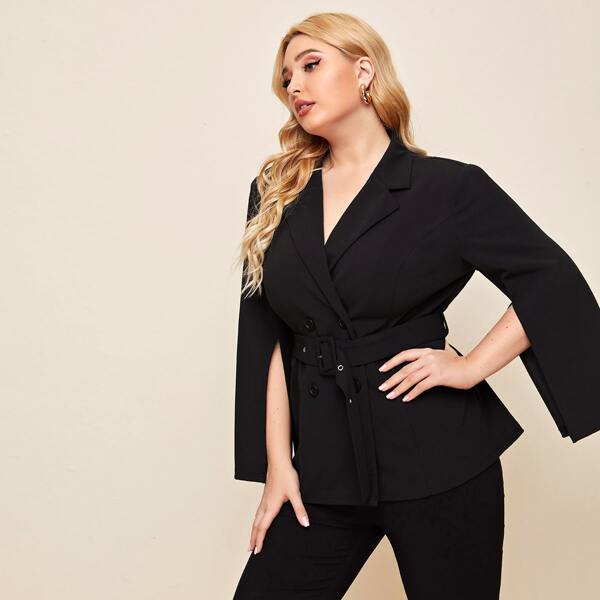 

Plus Split Sleeve Double Breasted Belted Blazer, Black