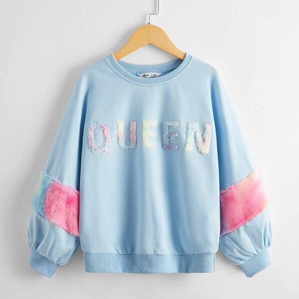 

Girls Tie Dye Faux Fur Detail Pullover, Baby blue