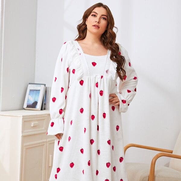 

Plus Strawberry Print Lace Detail Nightdress, White