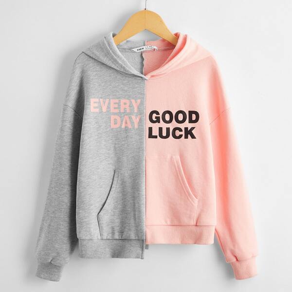 

Girls Letter Graphic Colorblock Asymmetrical Hem Hoodie, Multicolor