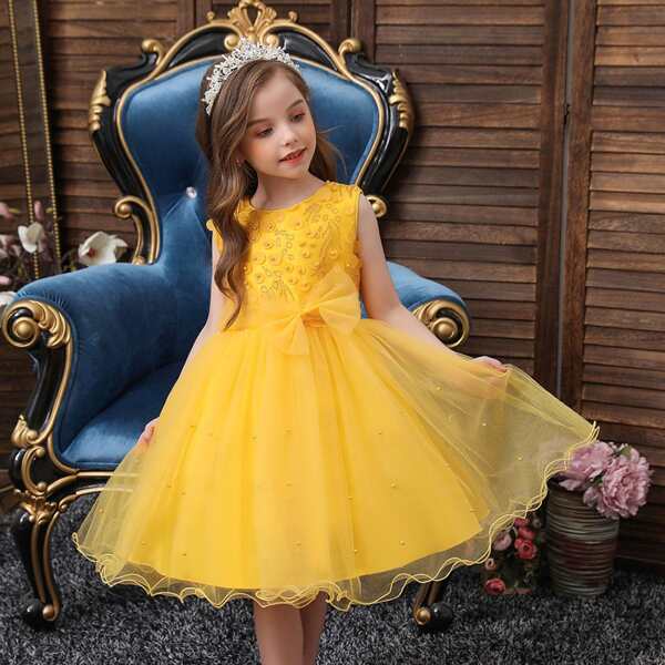 

Toddler Girls Contrast Mesh Pearls Detail Bow Front Gown Dress, Yellow