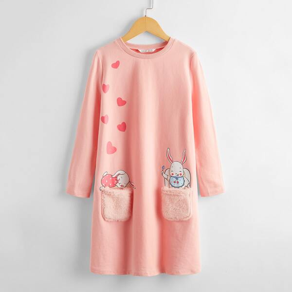 

Girls Pocket Heart & Cartoon Graphic Dress, Coral pink