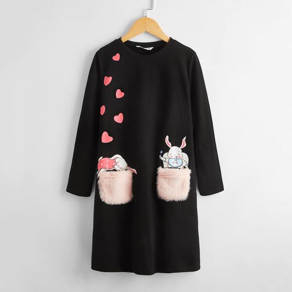 

Girls Pocket Heart & Cartoon Graphic Dress, Black
