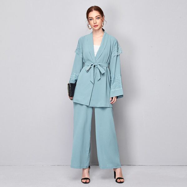 

Shawl Collar Contrast Lace Belted Top & Pants, Cadet blue
