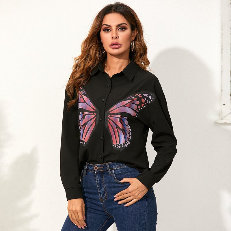 

Drop Shoulder Butterfly Print Blouse, Black