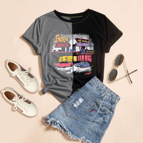 

Car & Letter Graphic Colorblock Tee, Multicolor