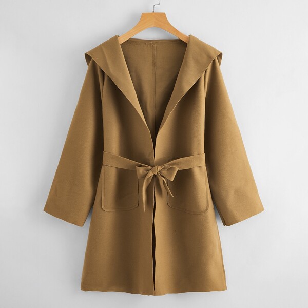 

Solid Dual Pocket Belted Hooded Coat, Camel