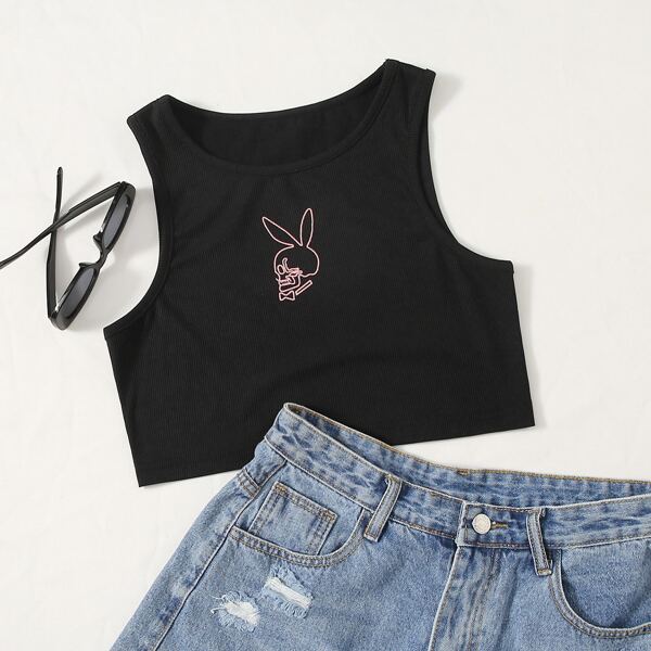 

Graphic Print Rib-knit Crop Tank Top, Black