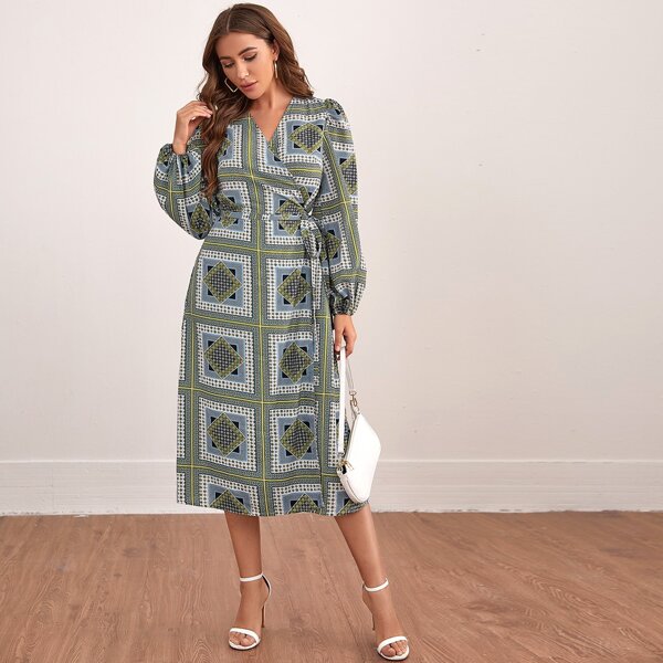 

Geo And Scarf Print Belted Wrap Dress, Multicolor