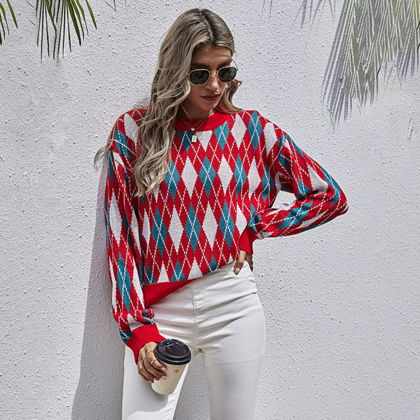 

Drop Shoulder Argyle Pattern Sweater, Multicolor