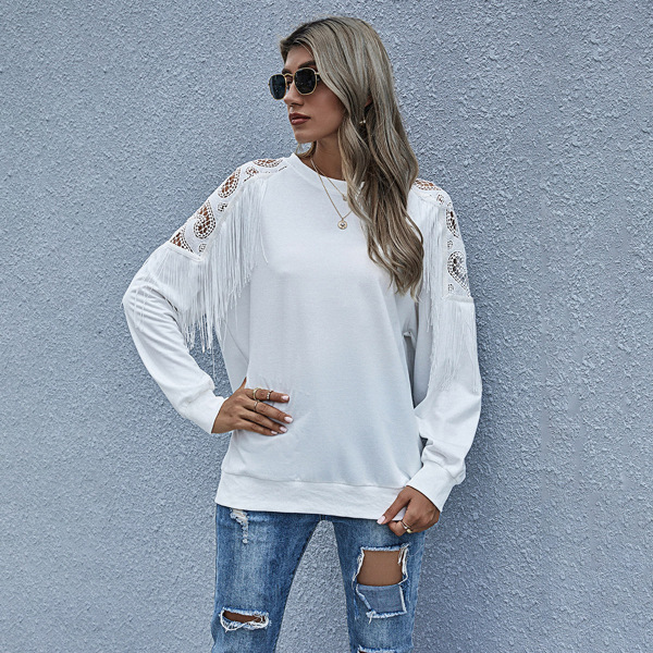 

Fringe Trim Raglan Sleeve Sweatshirt, White
