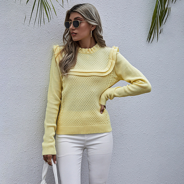 

Frill Neck Solid Sweater, Yellow pastel