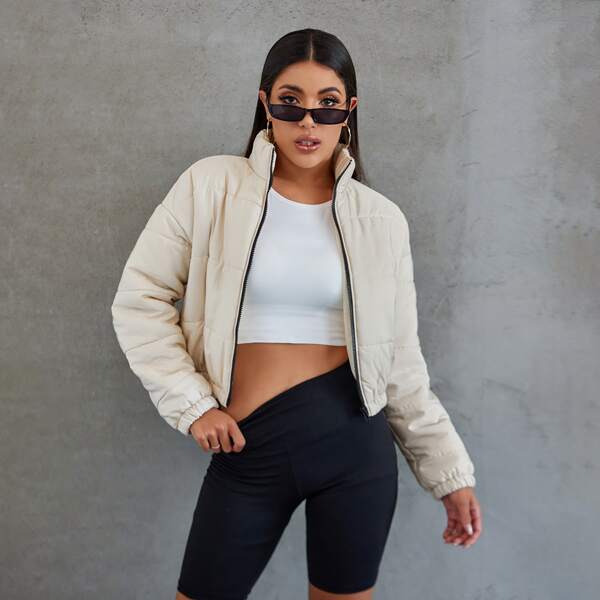 

Zip Up Solid Puffer Jacket, Beige
