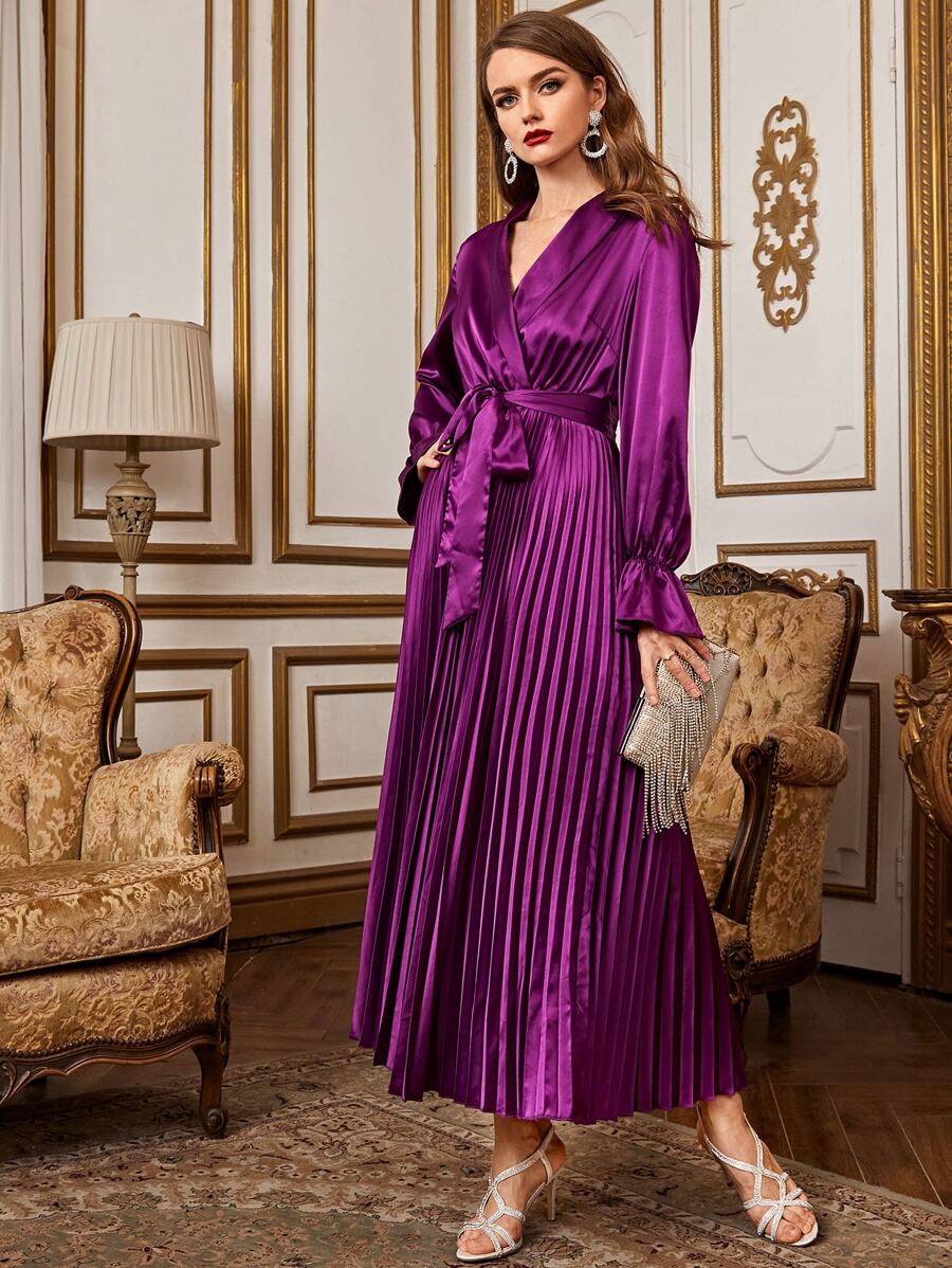 SHEIN 翻領荷葉邊袖百褶下擺腰帶緞面洋裝 - 紫色 - 查看 1
