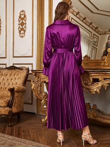 SHEIN 翻領荷葉邊袖百褶下擺腰帶緞面洋裝 - 紫色 - 查看 2