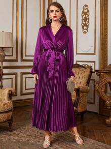 SHEIN 翻領荷葉邊袖百褶下擺腰帶緞面洋裝 - 紫色 - 查看 3