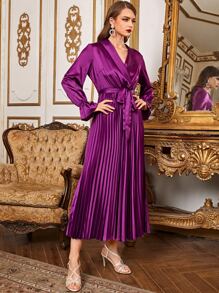SHEIN 翻領荷葉邊袖百褶下擺腰帶緞面洋裝 - 紫色 - 查看 4