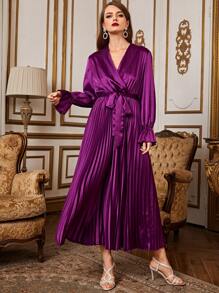 SHEIN 翻領荷葉邊袖百褶下擺腰帶緞面洋裝 - 紫色 - 查看 5