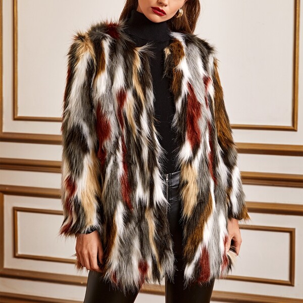 

Colorblock Fuzzy Coat, Multicolor