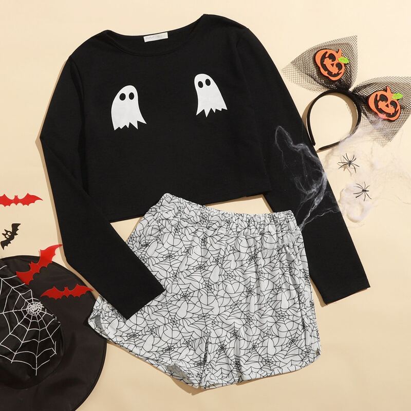 

Ghost & Spider Web Print PJ Set, Black and white