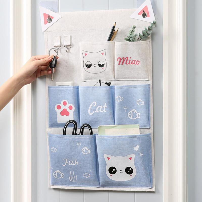 

1pc Cartoon Cat Print Hanging Storage Bag, Dusty blue
