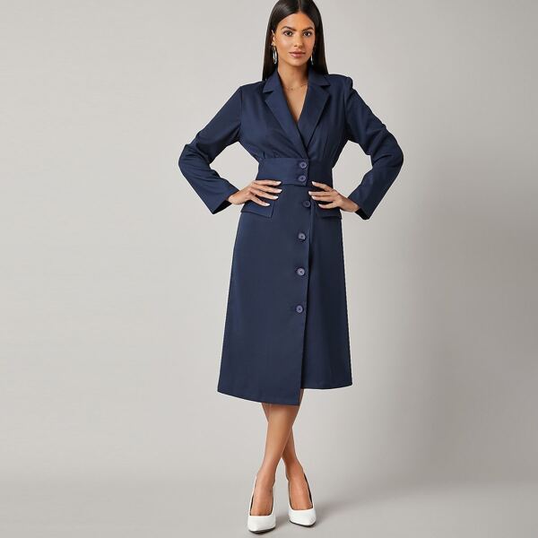 

Lapel Collar Flap Detail Single Breasted Placket Blazer Dress, Navy blue