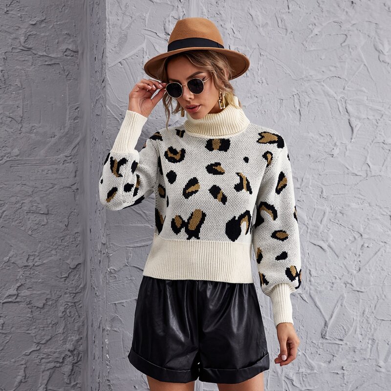 

Rolled Neck Leopard Sweater, Multicolor