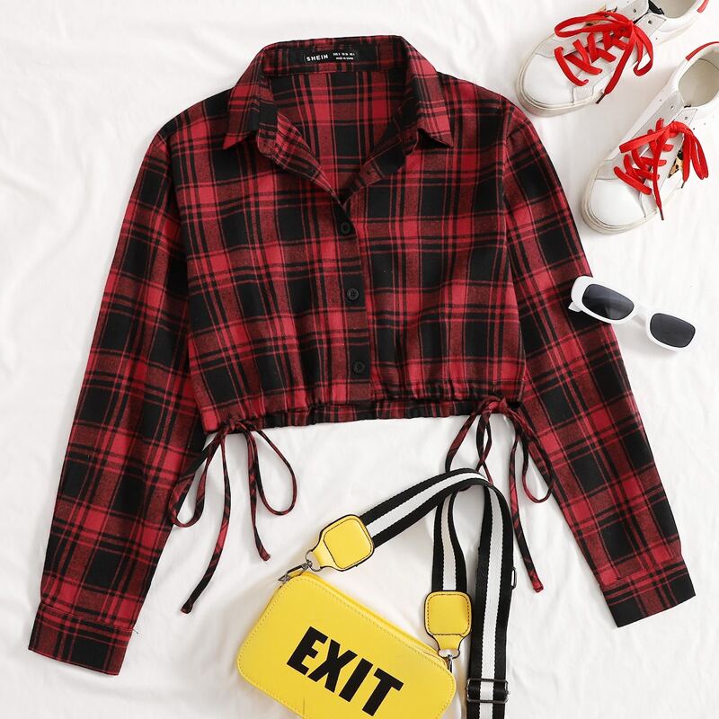 

Drawstring Hem Button Front Plaid Top, Multicolor