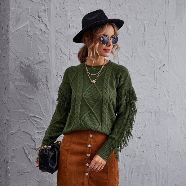 

Fringe Trim Drop Shoulder Sweater, Army green