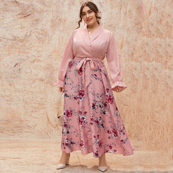 

Plus Floral Print Belted A-Line Dress, Pastel dusty pink