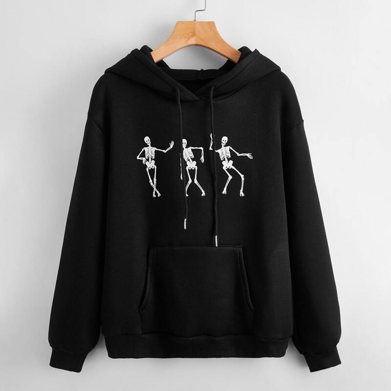 

Kangaroo Pocket Skeleton Graphic Hoodie, Black